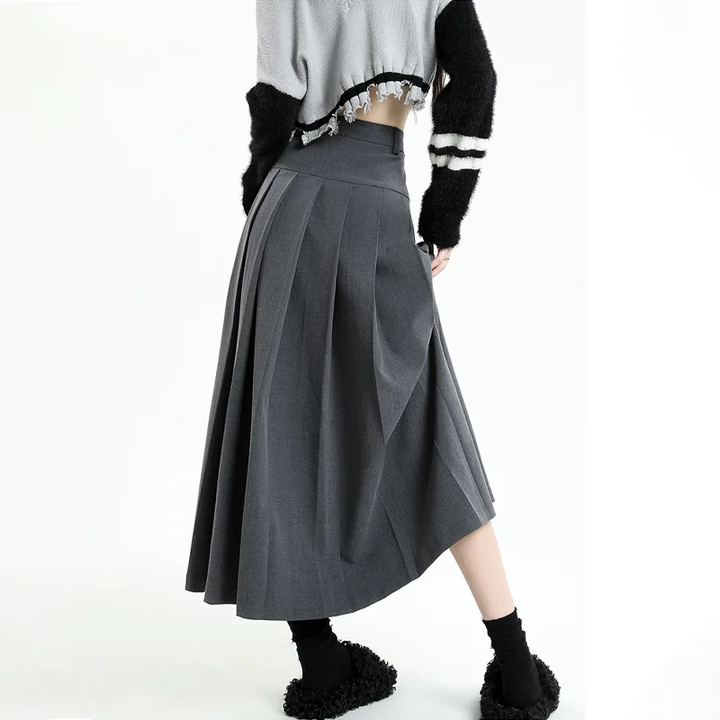 Vintage Grey Suit A-line Skirt Women\'s Spring Autumn College Style High Waist Pleated Mid Length Skirt Femal