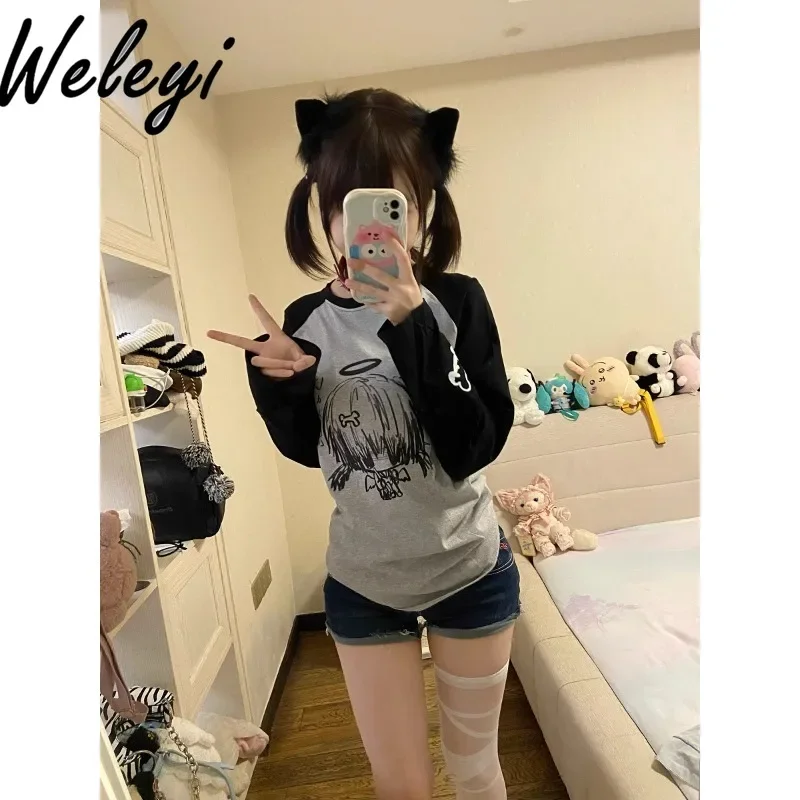 

Y2K Japanese Fashion Sweatshirt Women Clothes Autumn Cute New Two Dimensional Loose Casual Contrasting Color Long Sleeved Tops