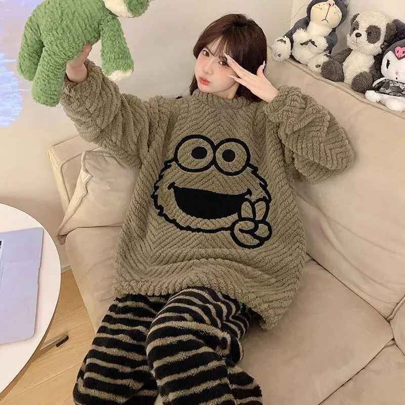 Kawaii الكرتون المرأة بيجامة الخريف الشتاء المرجان الصوف Pj مجموعة الفانيلا الدفء ملابس خاصة رشاقته ملابس النوم فتاة لطيف Homewear