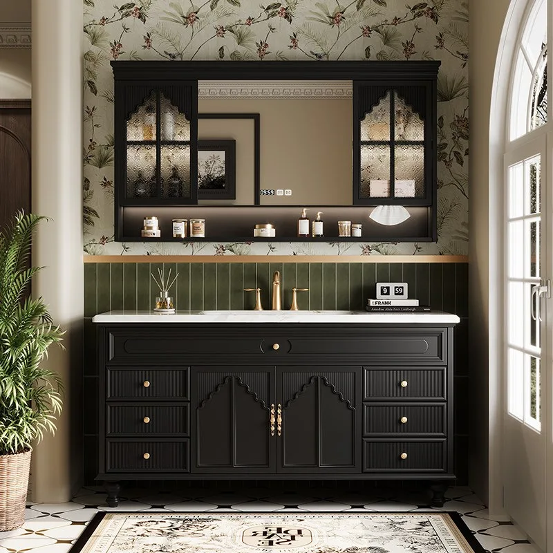 French retro oak bathroom cabinet set o combined bathroom rock slab ceramic integrated basin washstand luxury stone wash hands a