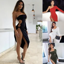 Sexy Elegant Dress Women One Shoulder Hollow Out High Split Dress Party Club Sexy Dresses Female Summer Fall