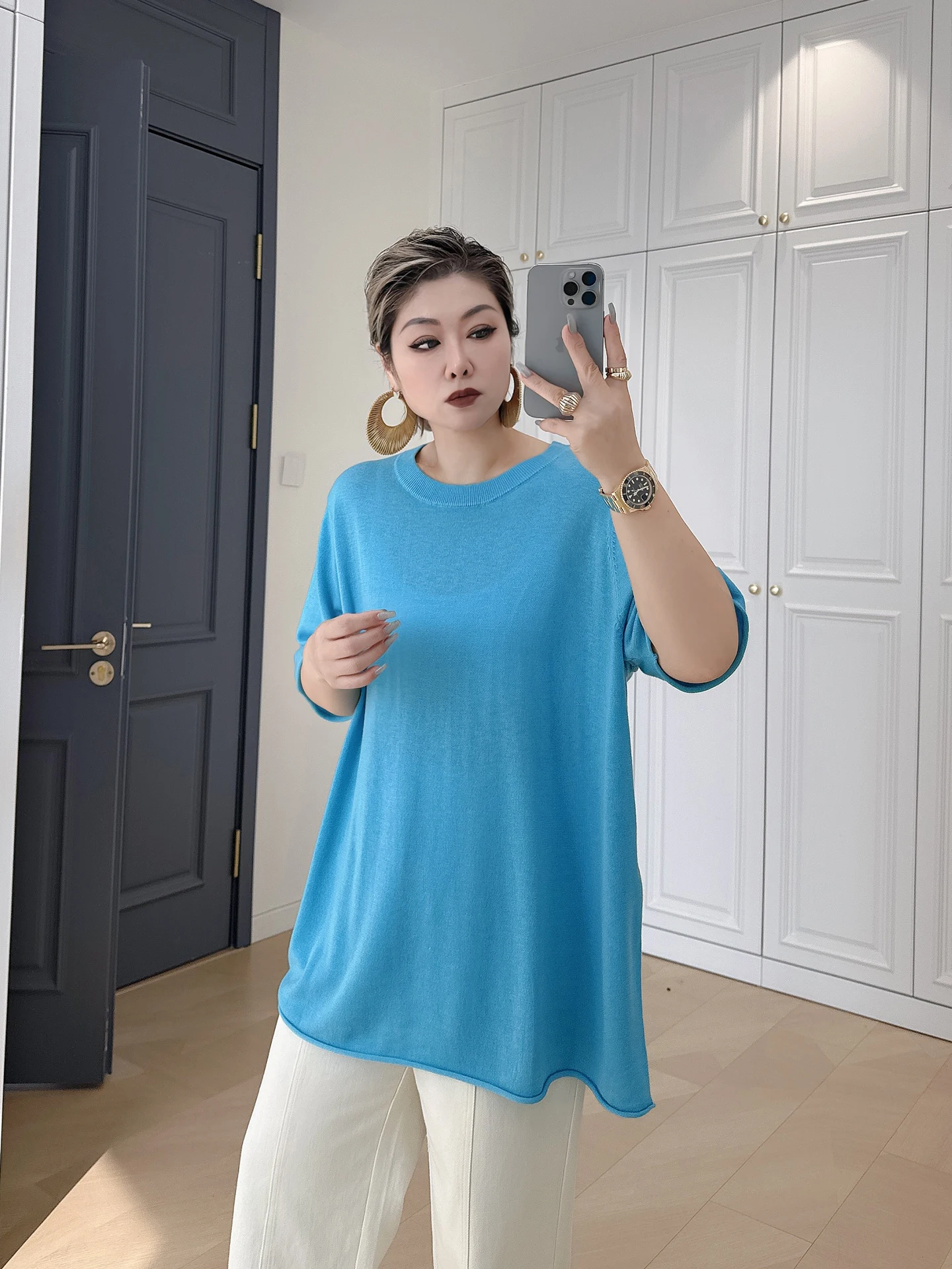 

Loose Knitted plus Size Women's T-irt round Ne ort Sve Color Casual Comfortable Spring Faion plus Size Clothes