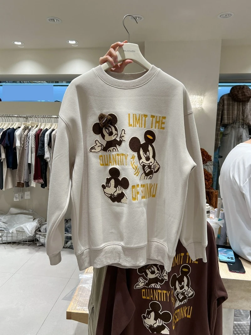 Loose Oversized Sweatshirt For Women's 2025 Autumn Winter Cartoon Embroidery Stylish Youthful Round Neck Pullover Hoodies Ladies