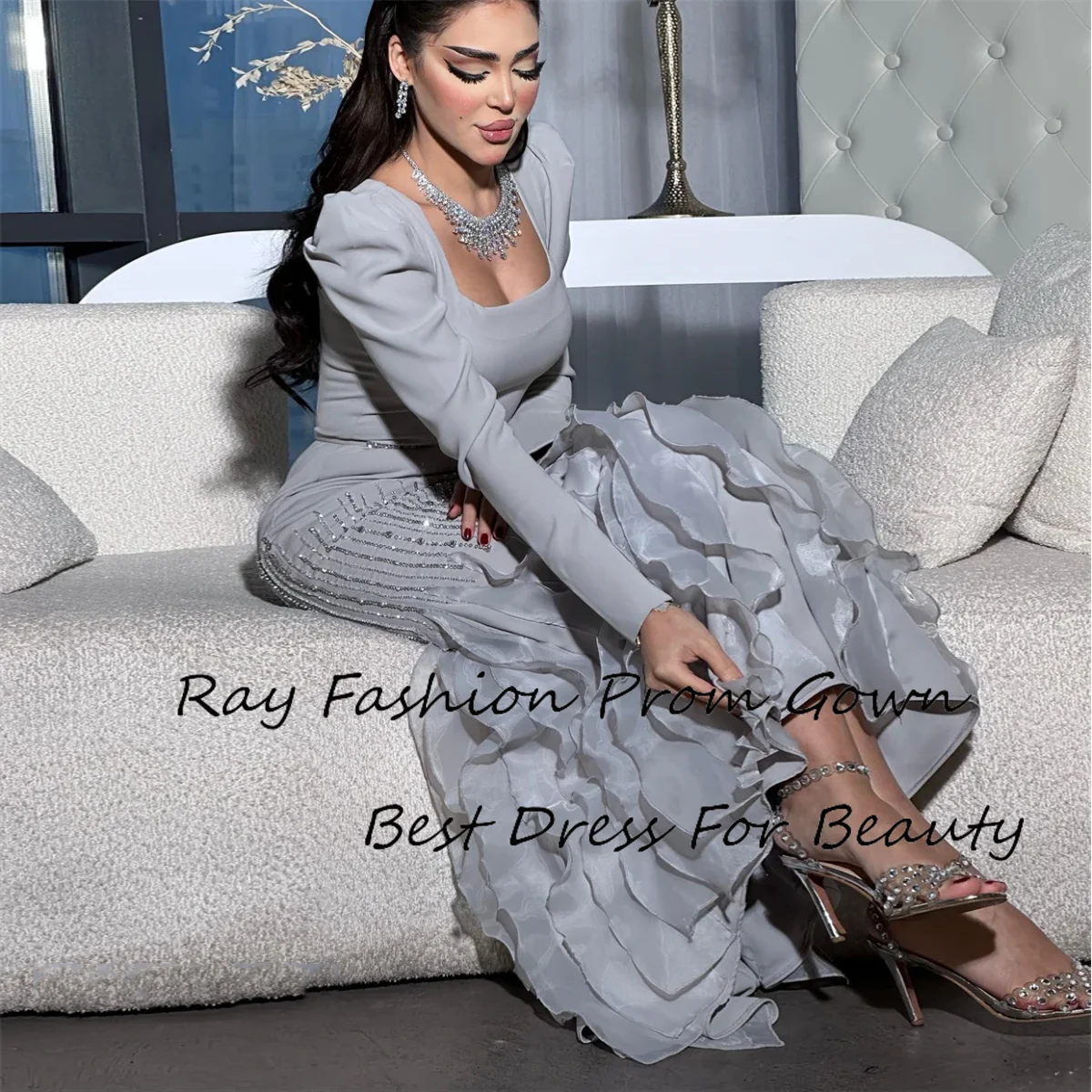 Ray Fashion Sheath High Quality Evening Dress Square Neck Cocktail Sequin With Long Puff Sleeves Fold Draped Satin Prom Gowns