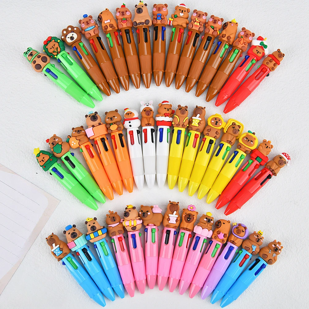 Kawaii Capybara 4‑in‑1 Multi‑color Retractable Ballpoint Pens 20/30/50 Pcs Cute Cartoon Writing Pen for Journaling Kids Gift