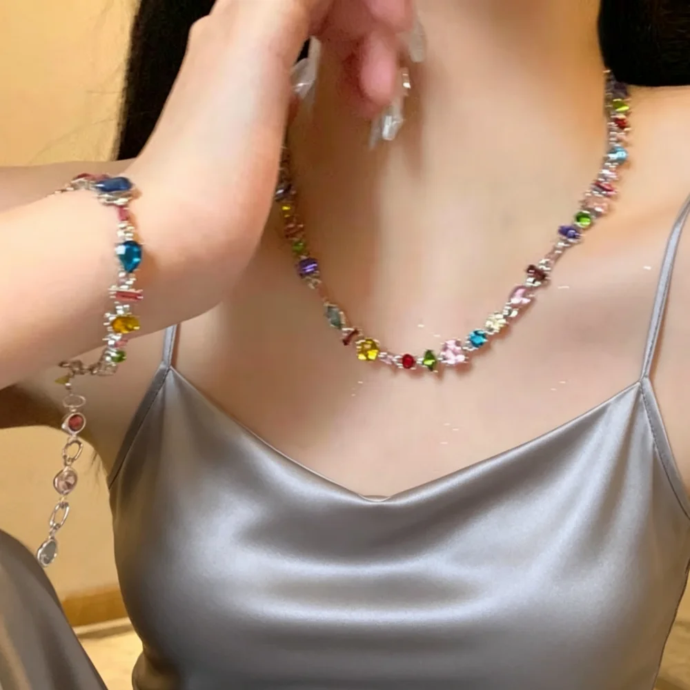 Luxury Colorful Cubic Zircon Choker For Women Exquisite Crystal Charm Necklace Bracelet Earing Wedding Jewelry Gifts