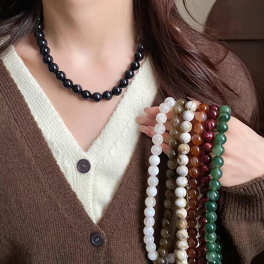 7 Colors 42cm Smudging Round Beads Acrylic Choers Necklaces Vintage Resin Collarbone Chain Charms Banquet Dress Decoration