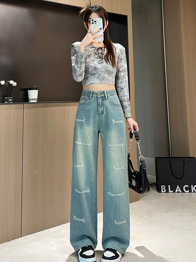 High Waist Straight Jeans For Y2k Women Streetwear Korean Dongdaemun 2024 Femme Pants Baggy Blue Denim Trousers Vintage