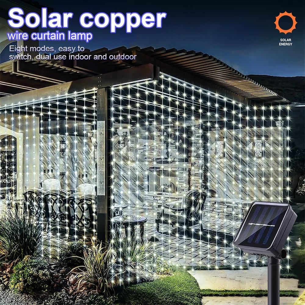 

Solar Powered Curtain Lights Outdoor Waterproof Decoration 8 Lighting Modes Curtain Fairy Lights Garden Christmas Decor Lights