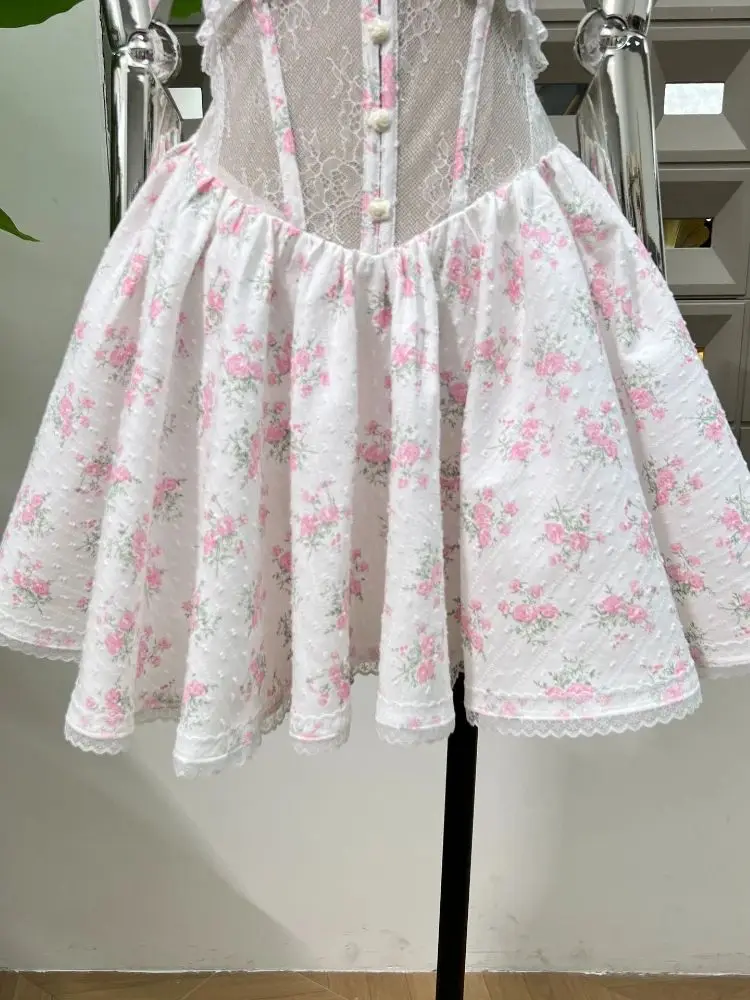 꽃 프린트 드레스 레이스 백리스 플록 패치 워크 컷 아웃 본드 장착 코르셋 여성 패션 파티 칵테일 드레스 여름 신작