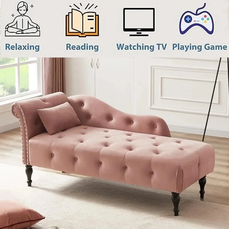 Tufted Velvet Chaise Lounge Chair, Right Arm Facing with Nailhead Trim and One Pillow, Upholstered Indoor Furniture