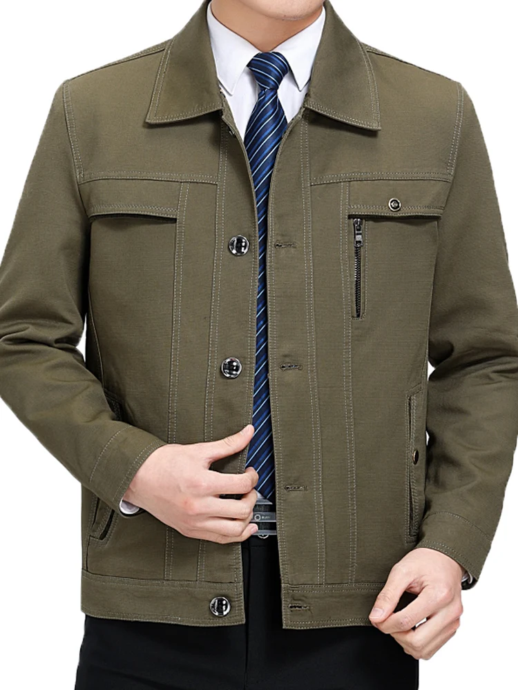 

Men's Cotton Jaet Spring Autumn Loose Casual Thin Outerwear Dad Comfortable Breathable Full Cotton Long Sve Coat