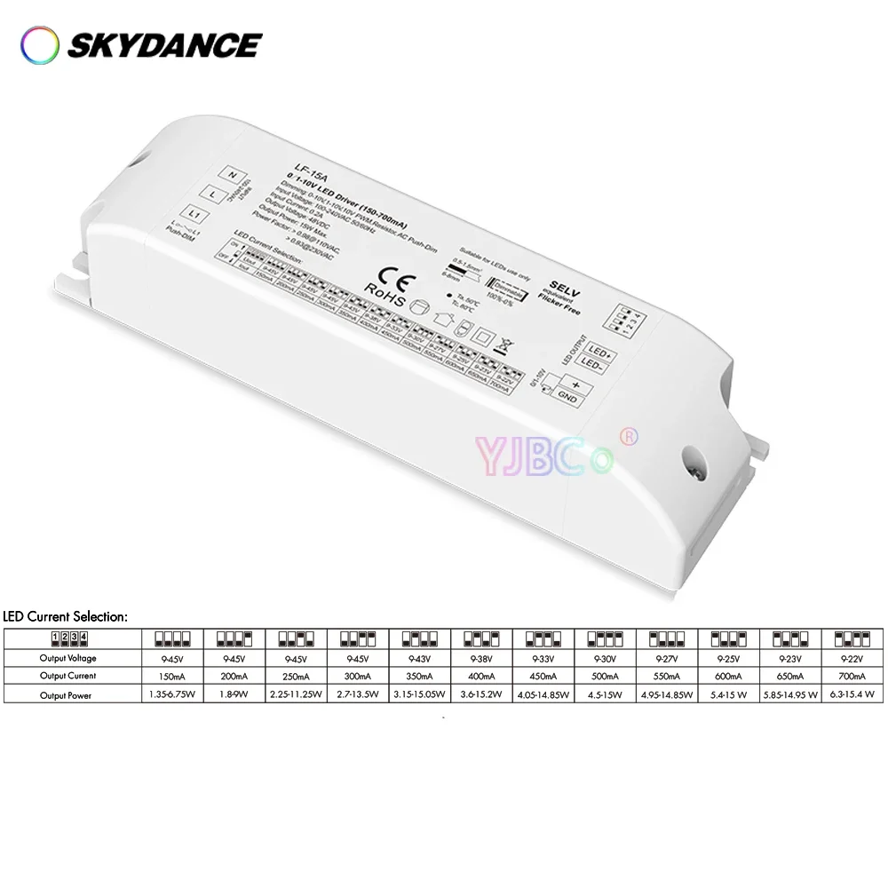 Skydance 150-700mA 15W 0/1-10V Dimmable LED Driver AC110V-220V Constant Current Power Supply For Downlight Spotlight 10-45VDC