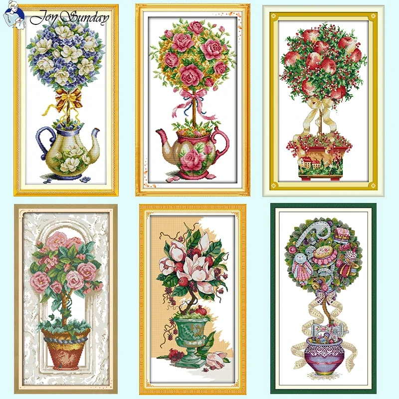 Joy Sunday Flower Ball Seria Haft krzyżykowy 11ct 14ct 16ct Białe tkaniny z nadrukiem Haftowanie DIY Kwiatowy wzór Zestawy do szycia