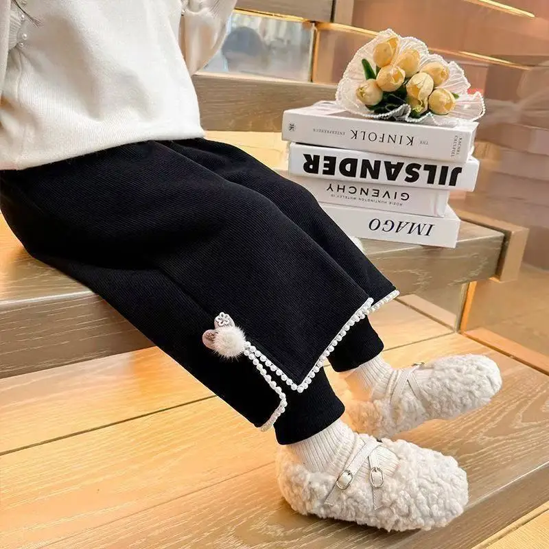 Children's Autumn and Winter with Thick Velvet New Style Casual Fashion Pants for Girls Kids Outwear Clothes