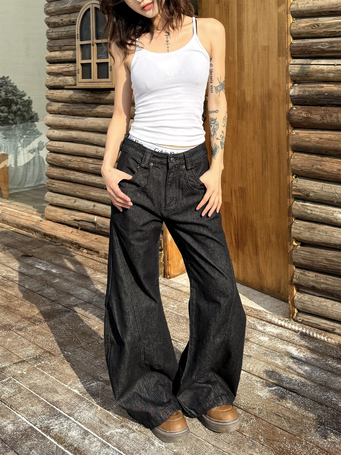 Don Cry Original Cowboys Asymmetric Loose Leg Men's Jeans American Style Casual Straight Cut Denim Pants for Ladies