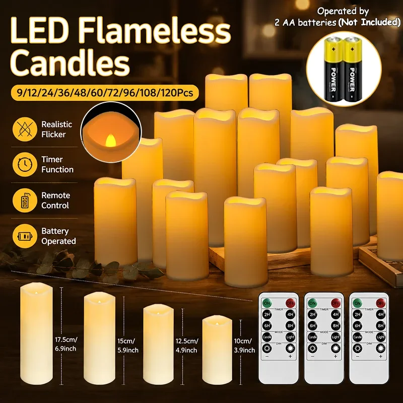 9-120Pcs Flameless LED Candles with Remote Control Flickering Artificial Candles for Wedding Concert Festival Dinner Decoration