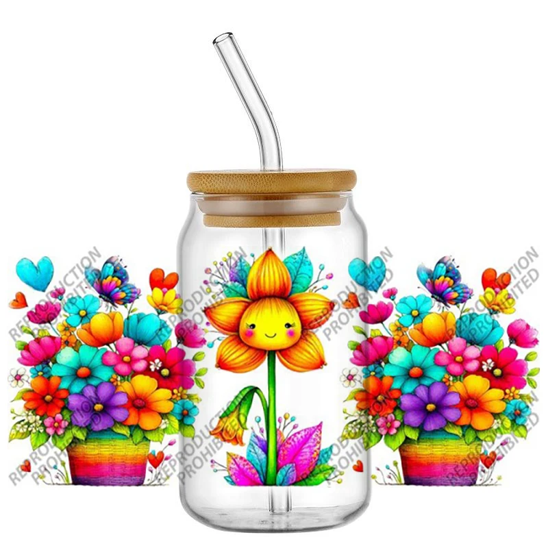 

New ‌3D Cartoon Colorful Flowers Decal Transfer Sticker for 16oz Libbey Can DIY Phone Mug Washable UV DTF Cup Wrap