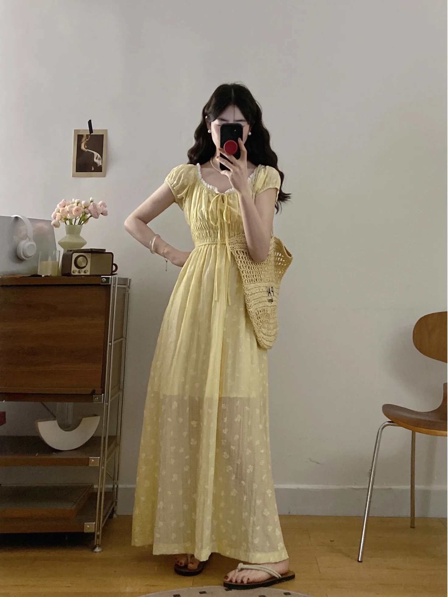 

Summer New plus Size Floral Lace Short Sleeve Dress Women's Waist Cinching Belly Covering Slimming Long Dress A-Line Skirt