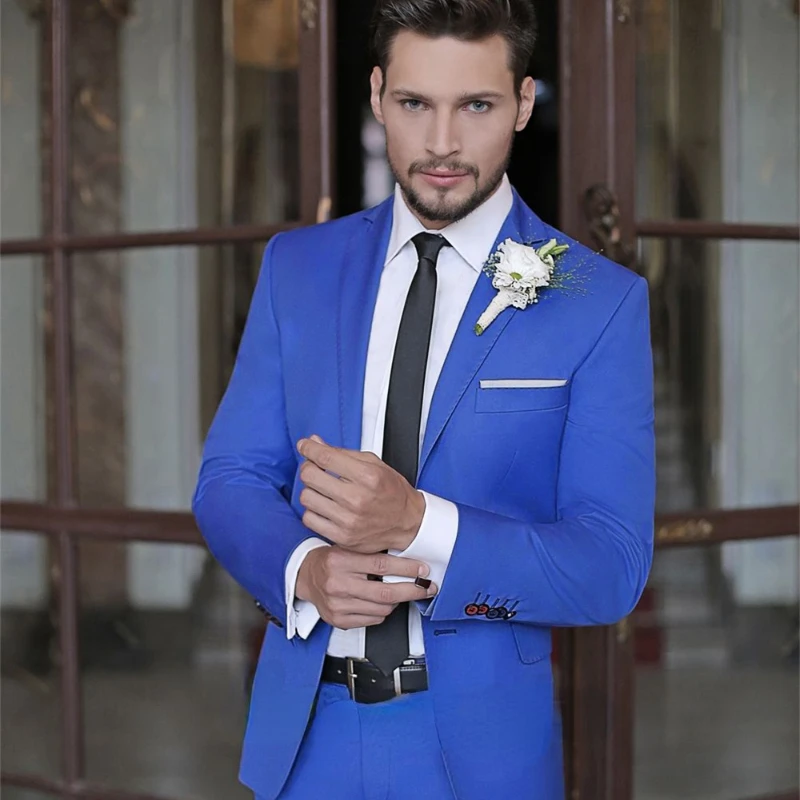 

Latest Luxury Men Suits for Wedding Slim Fit Notch Lapel Groom Tuxedos Casual Fashion Sky Blue 2 Pieces Male Suit (Blazer+Pants)