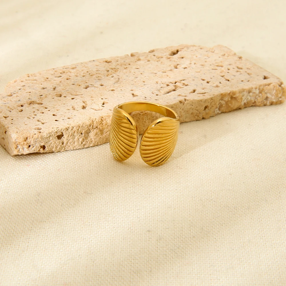 

18K Gold Plated Stainless Steel Metal Conch Stripe Geometric Open Adjustable Ring Texture Fashion Summer Holiday Jewelry