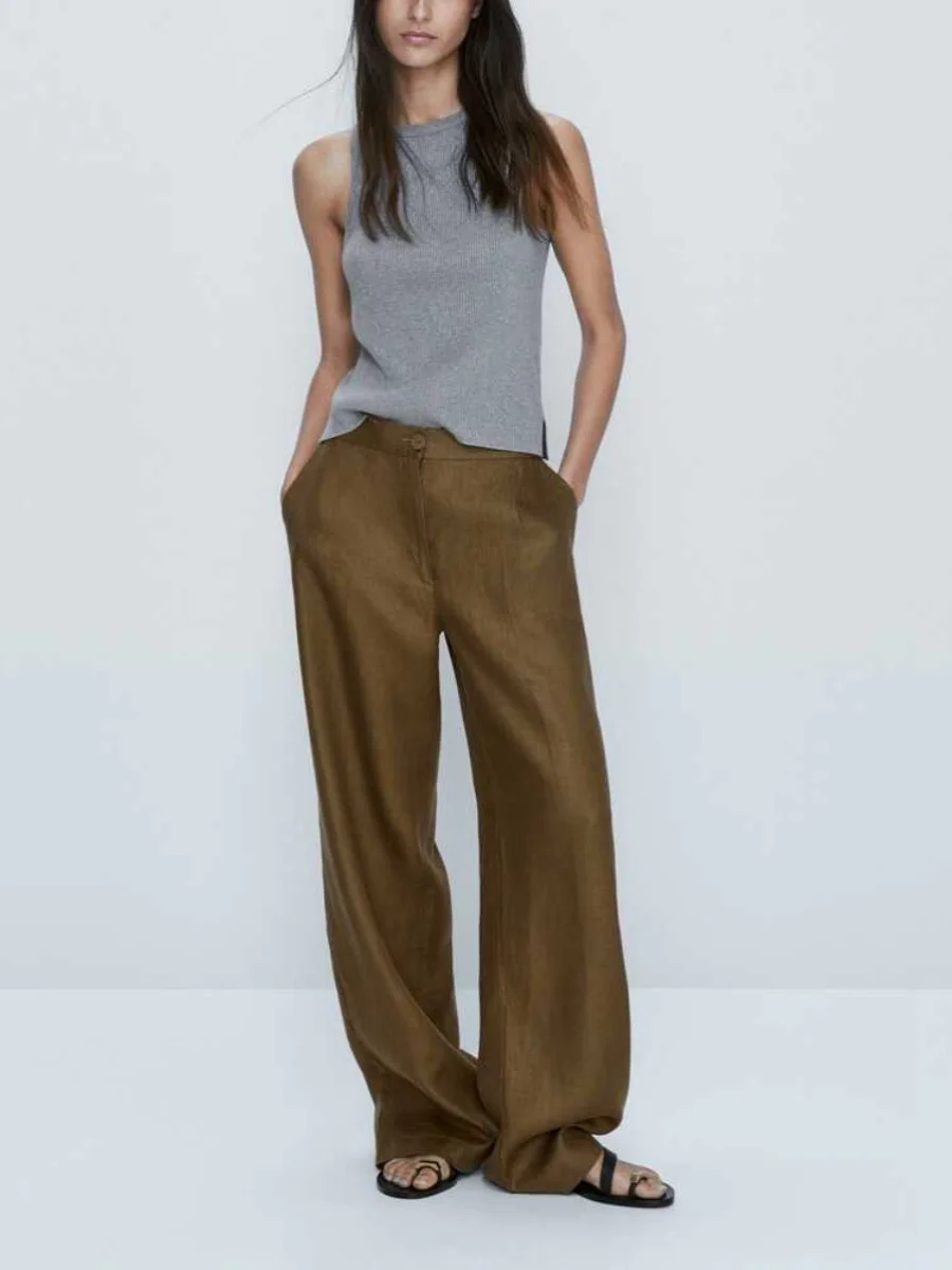 봄 신상 여성 캐주얼 스포츠 스타일 플리츠 스트레이트 롱 팬츠 편안하고 세련된 바지