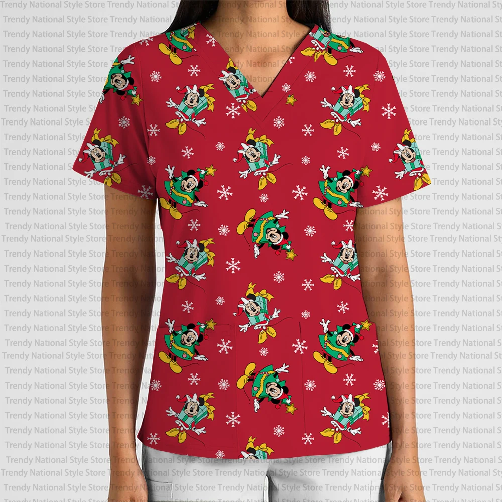 New Christmas Snowflake Mickey and Minnie Elegant Temperament Women's Work Uniform Print Frosted Top with V-Neck Pocket T-Shirt