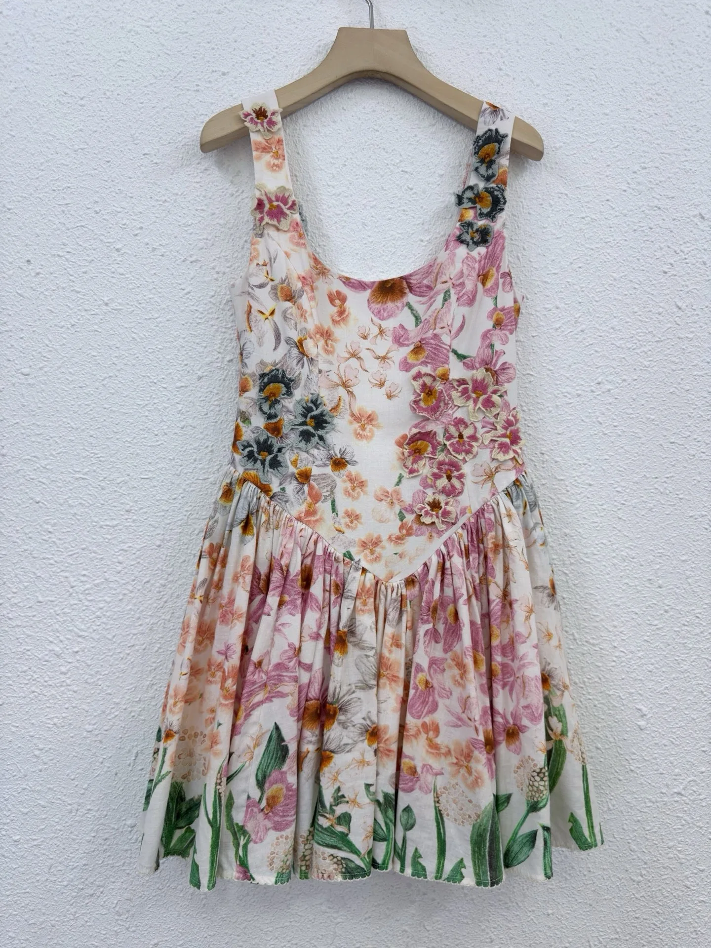 EVACANDIS 100% Linen Embroidery Floral Printing Sleeveless High Quality Women New Luxury Mini Dress Chic Elegant Vintage Sweet