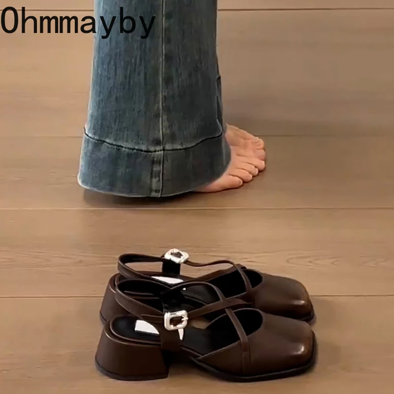 Designer Cover Toe Women Mary Jane Shoes Fashion Cross Buckle Singbacks Shoes 2025 Spring Female Thick Heel Shoes image 2
