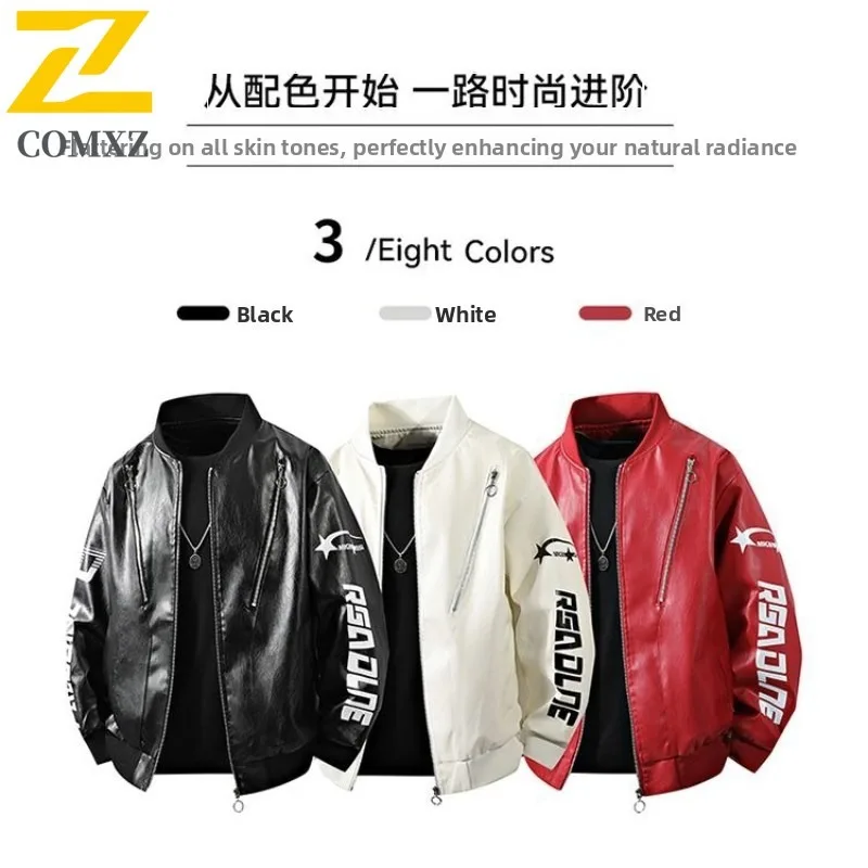 

COMXZ Men Jacket American Motorcycle Washed Baseball Leather Coat Spring Autumn Notch Lapel Loose Aviator Leather Outerwear