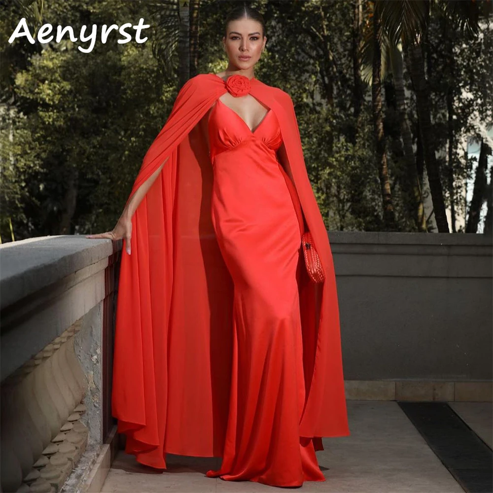 Aenyrst sexy rote V-Ausschnitt Meerjungfrau Abendkleider Satin abnehmbare Cape Ballkleider boden lange Weihnachten Neujahr Party kleid