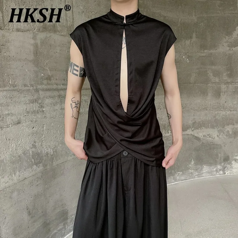 

HKSH Spring Summer China-Chic Punk Stand Collar Knot Button Hip Hop Tank Tops Men's Dark Tide Women Hollow Out Waistcoat HK1713