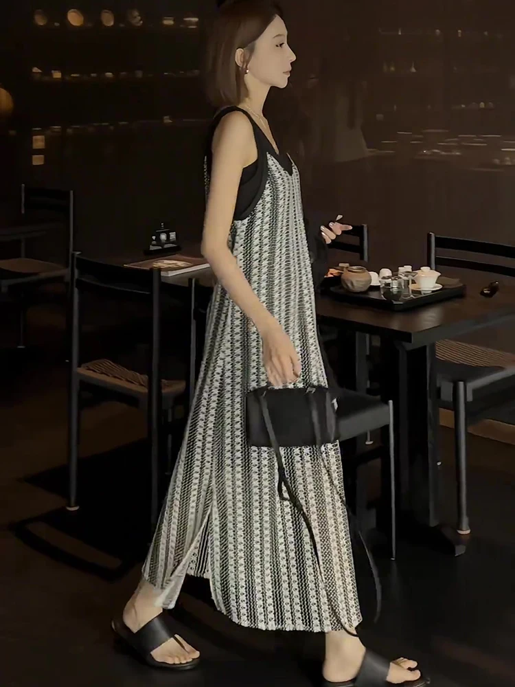 

Женский вязаный жилет в полоску с открытыми плечами Dr, юбка трапециевидной формы с высокой талией, длинное платье V-Ne, летнее платье для отдыха и отдыха