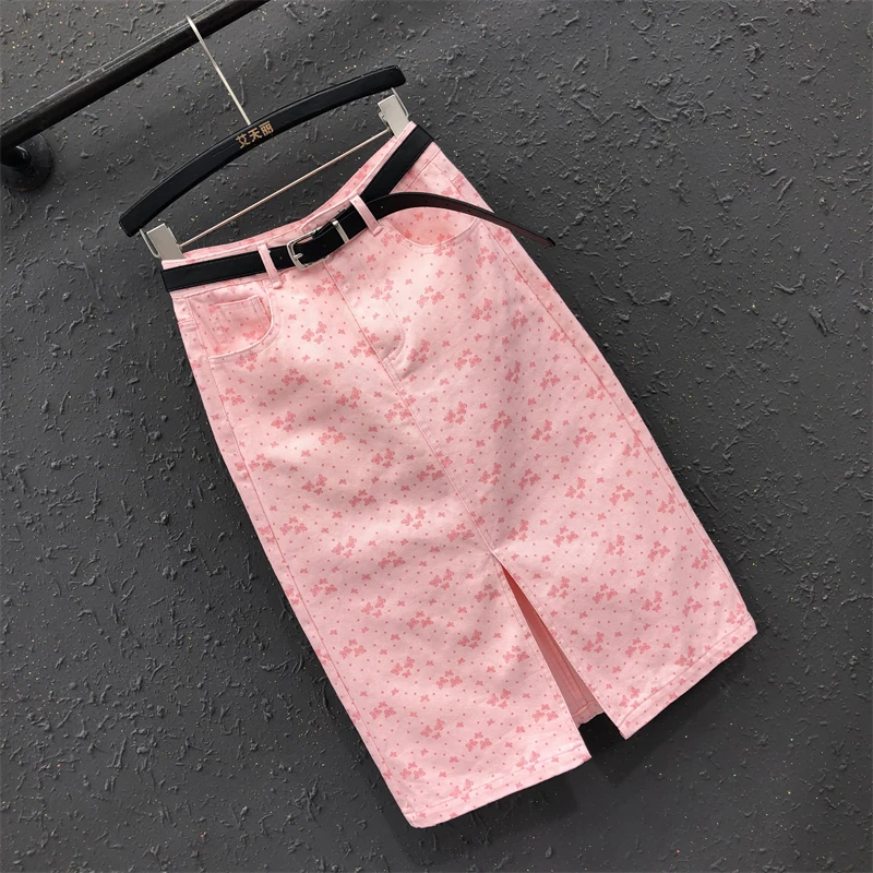 Women's Denim Skirt Thin High Waist Pink Printed Split A-line Female Long Skirts 2025 Spring Summer New Fashion Ropa De Mujer