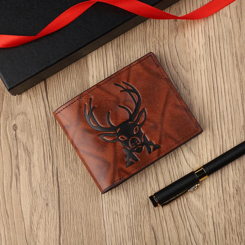 محفظة رجالية بنمط رأس الغزلان بتصميم كلاسيكي منقوش ثلاثي الأبعاد يصنع محفظة جلدية بفتحات متعددة بثلاثة أضعاف #6