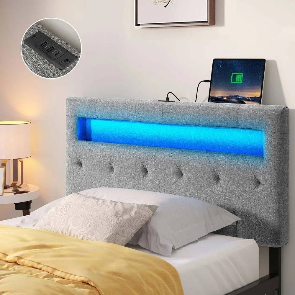 Twin Size Headboard with 60,000 DIY Color of LED Light, USB & Type C Post, Attach Frame, Adjustable, Linen Fabric Headboard