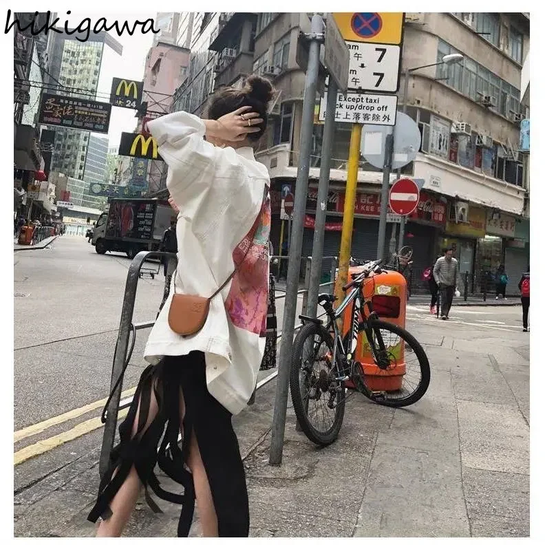 Streetwear Jackets for Women Harajuku Print Oversized Outwear Y2k Tops Clothes for Teens Korean Fashion Denim Coat Ropa Mujer