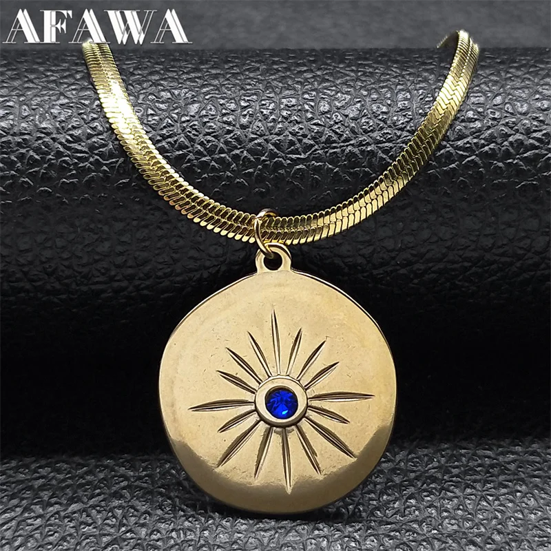 Vintage Evil Blue Eye Sun Pendant Necklace for Women Men Stainless Steel Gold Color Star Snake Chain Jewelry Gift NAA31S02