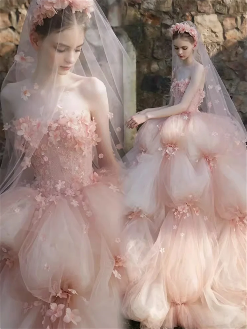 Customized Strapless Laces Appliques Ball Gown White Wedding Dress Pink 3D Flowers Beading Vintage Bridal Gown vestidos de novia