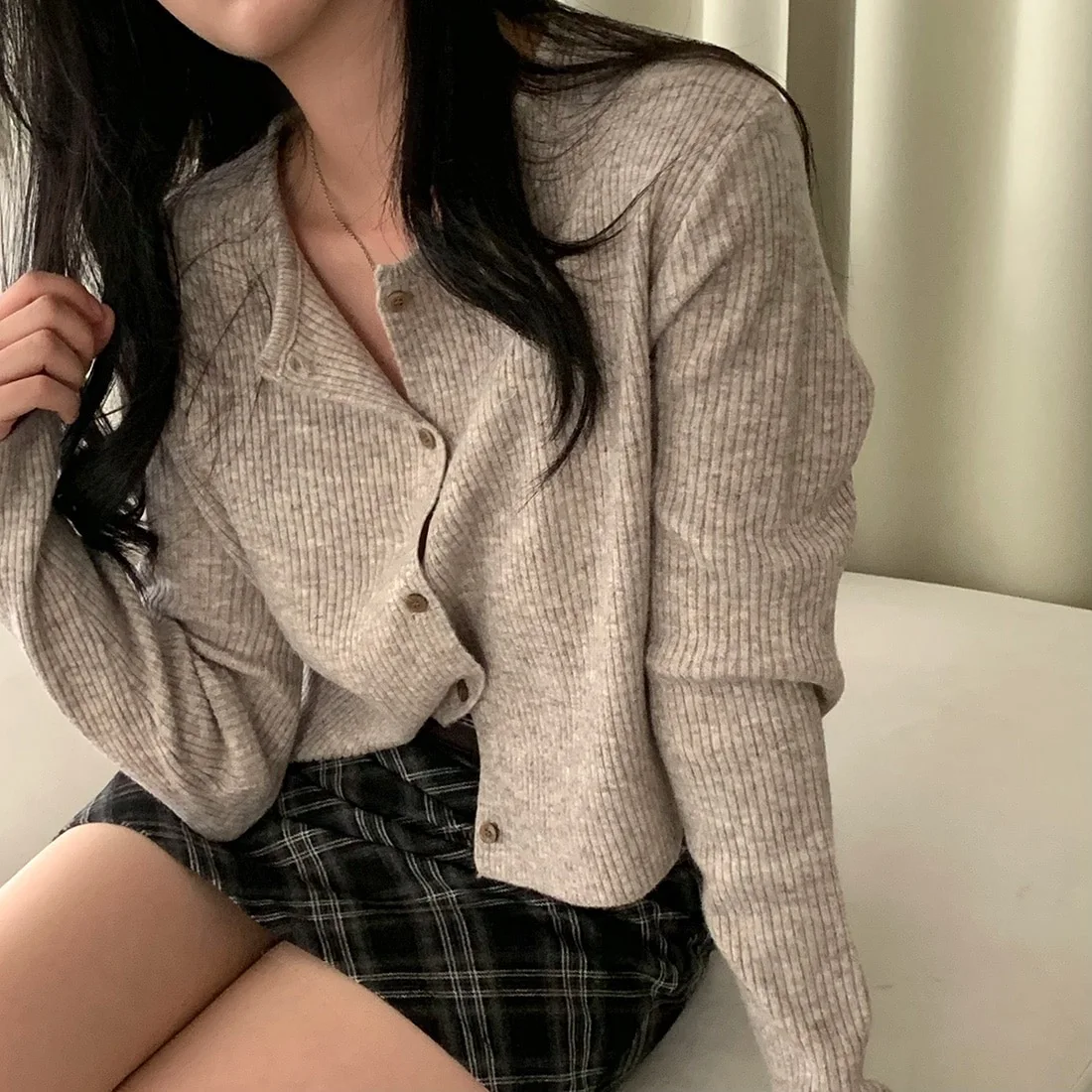 

Ele Long Sve Трикотаж ort Sle Осенний женский топ на одной пуговице Корейский универсальный повседневный модный irt