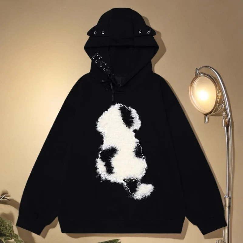 

Модная толстовка с капюшоном на флисовой подкладке с принтом собаки, в американском ретро-стиле, универсальная, для повседневной носки, осенняя, больших размеров, женская