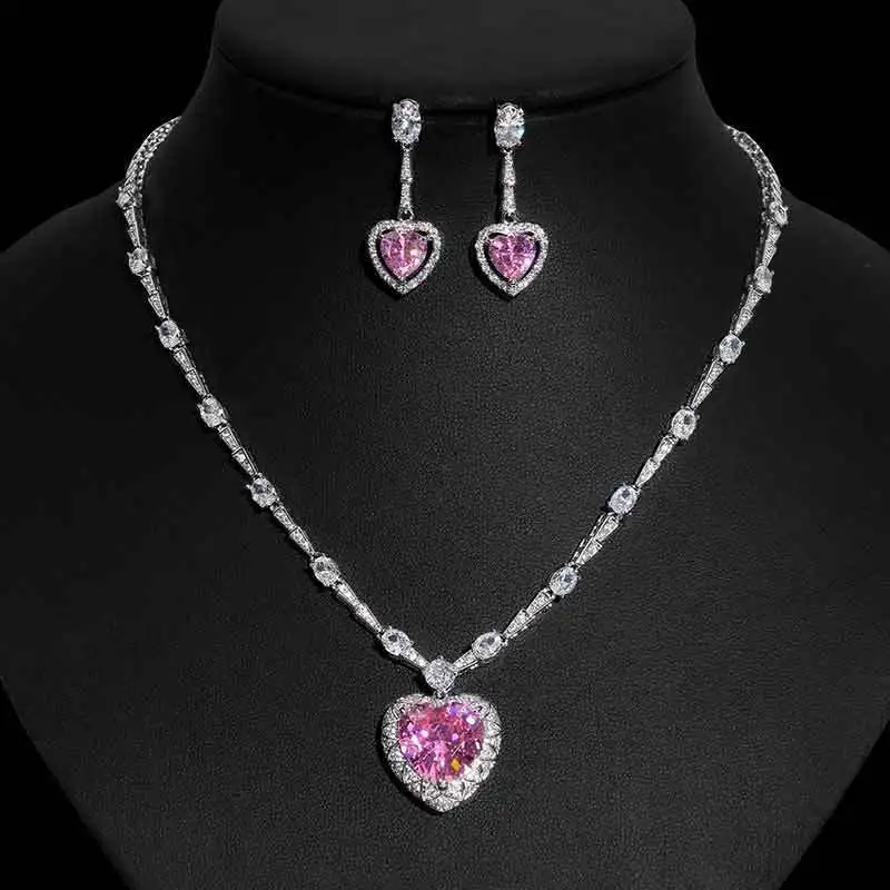 

Foydjew 2023 New Trend European and American Fashion Pink Zircon Necklaces Heart-shaped Drop Earring Ring Jewelry Sets For Women