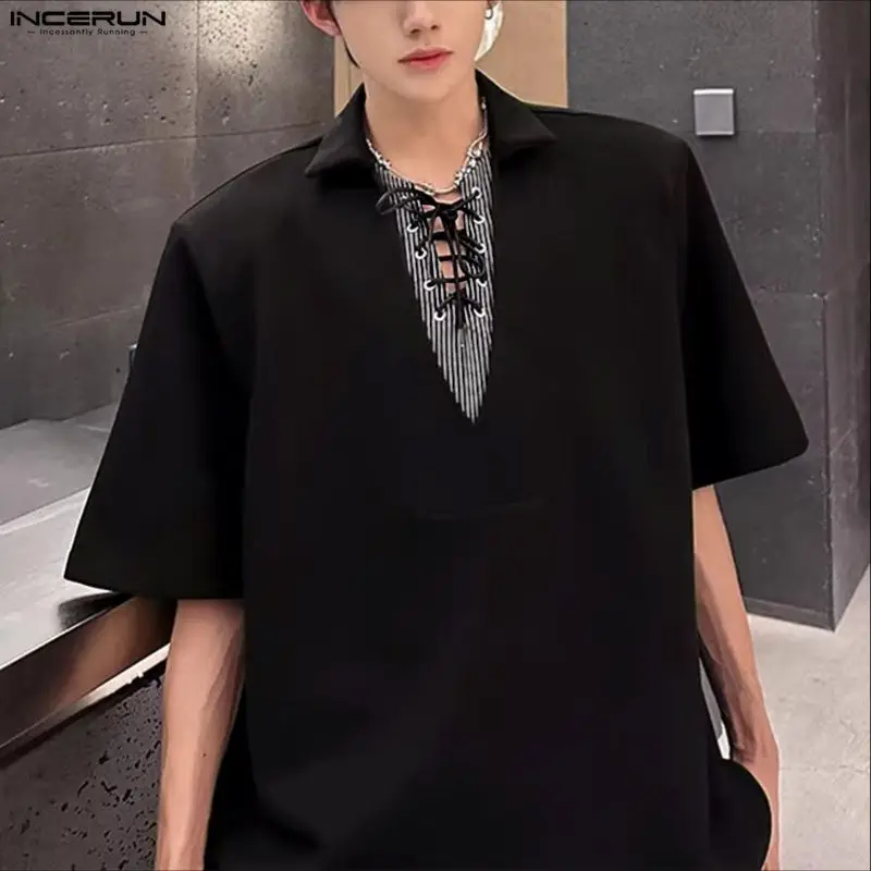 

INCERUN Men Shirt Lapel Short Sleeve Patchwork Lace Up Casual Men Clothing Streetwear Korean Style Summer 2026 Fashion Male Tops