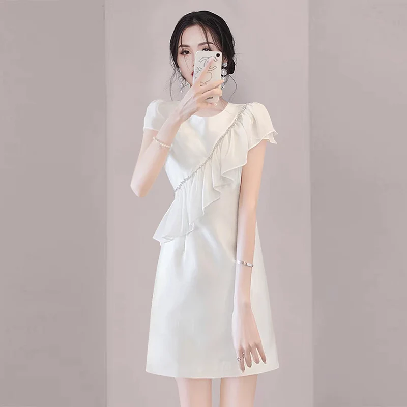 

White Dress Women's Summer Ruffle Slim A-Line Dress Fashion Elegant Office Lady Casual Commuter Dress Luxury Pretty Short Dress