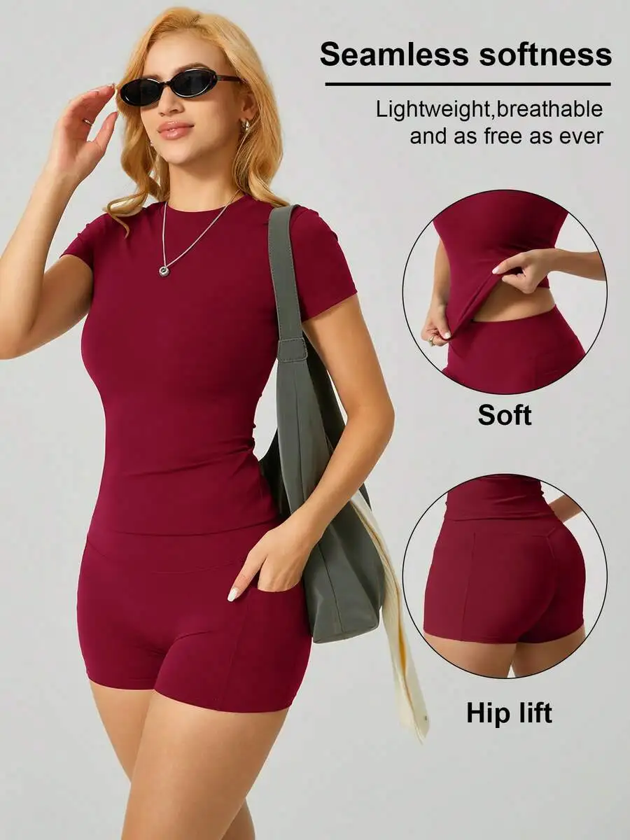 

Womens Round Neck Short Sleeve T-Shirt And Side Pocket Sports Shorts Set Summer