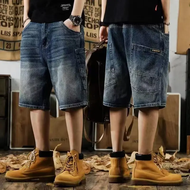 

Retro summer new men's denim shorts, casual trendy brand five quarter pants, loose straight leg mid length pants, men's outerwea