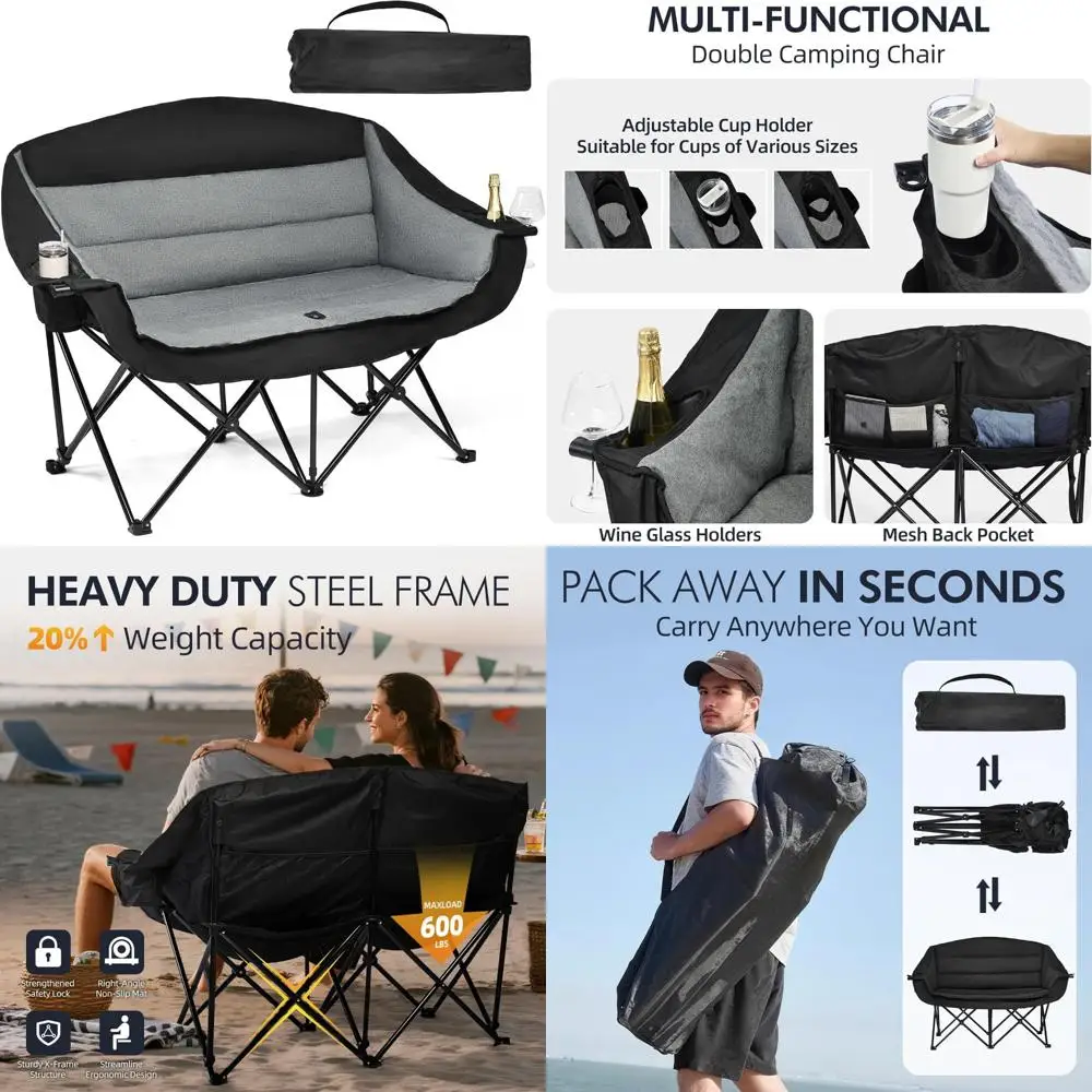 

Oversized 2 Person Portable Camping Loveseat with Padded Comfort for Outdoor and Beach Use