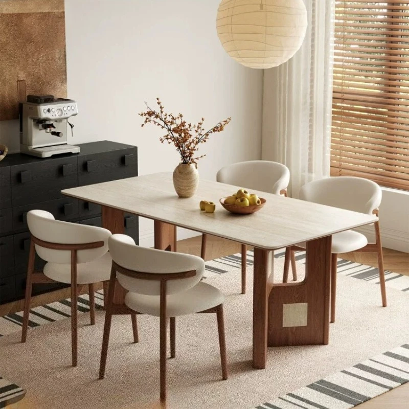Medieval travertine rock slab dining table French retro home high-end rectangular dining table dining table and chairs furniture