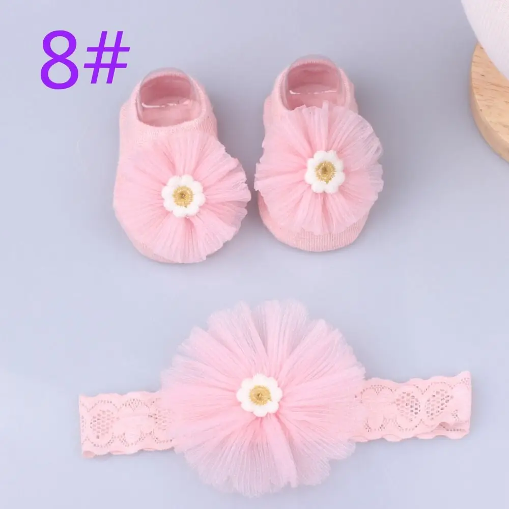 Kawaii Cotton+Lace Baby Headband Socks Set Pearl Bows Comfortable Baby Turban Socks Anti-slip Newborn Hair Band
