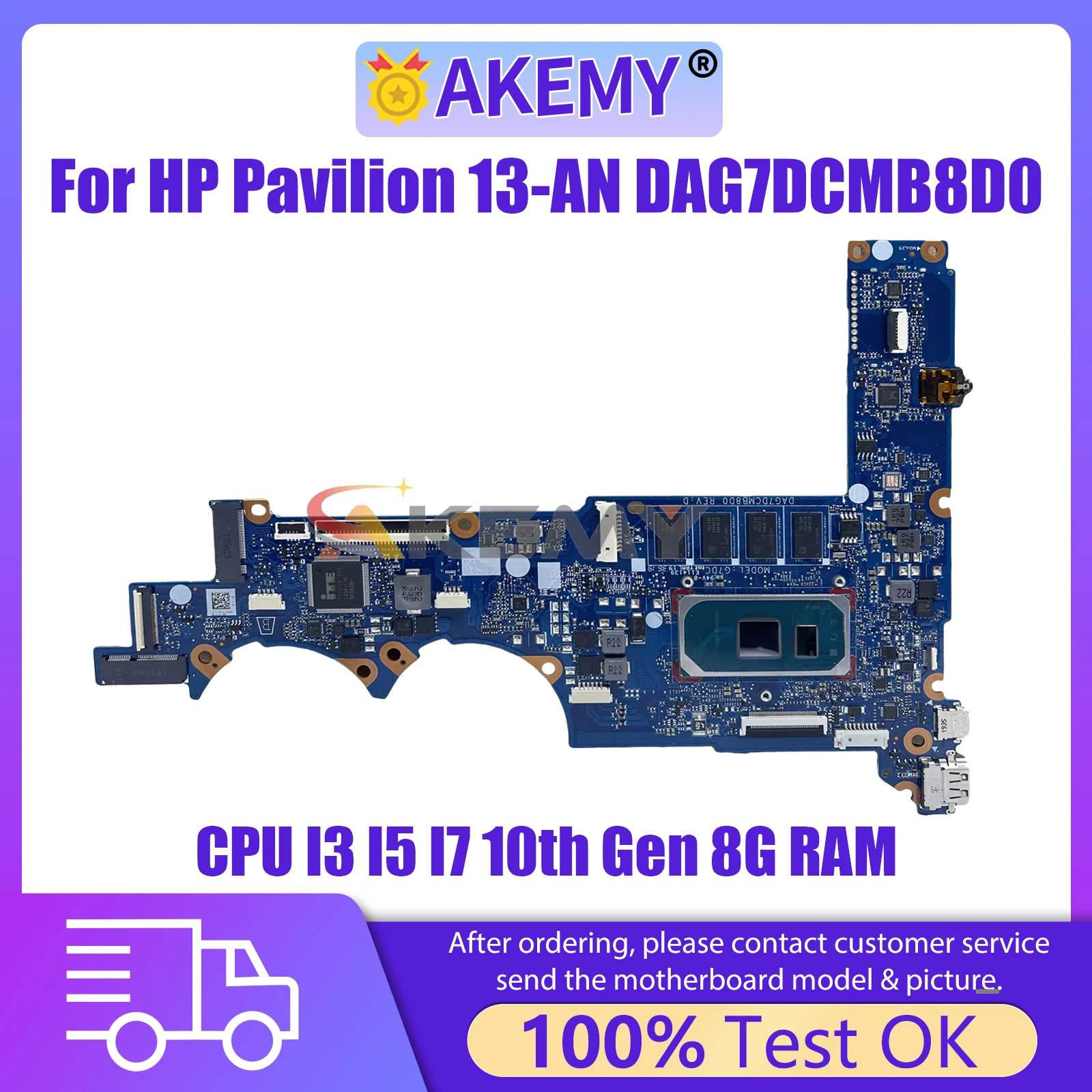 

AKEMY DAG7DCMB8D0 Mainboard For HP Pavilion 13-AN L68367-601 L68368-601 Laptop Motherboard with CPU I3 I5 I7 10th Gen 8G RAM